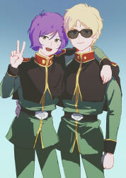 Rule 34 | 2boys, :d, arm around shoulder, arm around waist, belt, blonde hair, blue background, blue eyes, blush, brown eyes, char aznable, closed mouth, garma zabi, gloves, gundam, hand on another&#039;s shoulder, highres, light blush, long sleeves, looking at viewer, male focus, military uniform, mobile suit gundam, mobile suit gundam the origin, multiple boys, open mouth, purple hair, short hair, side-by-side, simple background, smile, sunglasses, tira zhang, uniform, v, zeon