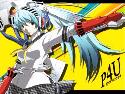 Rule 34 | 1girl, android, aqua hair, atlus, axe, citolo, houndstooth, labrys (persona), long hair, persona, persona 4: the ultimate in mayonaka arena, ponytail, red eyes, skirt, solo, weapon