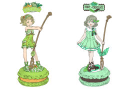 Rule 34 | 2girls, :d, blush, brown footwear, brown hair, chocolate, dress, english text, food, fork, fruit, full body, green dress, green eyes, green footwear, grey hair, grin, holding, holding fork, ice cream, jari (jyarijyari999), leaf, crossed legs, macaron, melon, mint, multiple girls, one side up, open mouth, original, outstretched arms, personification, pleated dress, shirt, shoes, simple background, skirt hold, sleeveless, sleeveless dress, sleeveless shirt, smile, standing, watson cross, white background