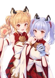 Rule 34 | 2girls, animal ears, animal hands, bai (granblue fantasy), bare shoulders, blonde hair, blue hair, blush, bracer, detached sleeves, dress, evanstan, gloves, granblue fantasy, hand on another&#039;s shoulder, highres, huang (granblue fantasy), looking at viewer, medium hair, multiple girls, open mouth, orange eyes, paw gloves, simple background, single glove, sleeveless, sleeveless dress, smile, split mouth, teeth, tiger ears, twintails, upper body, upper teeth only, white background