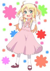 Rule 34 | 1girl, :3, ahoge, alternate hairstyle, blonde hair, blush, bow, bowtie, commentary request, dress, full body, green eyes, hair bow, himesaka noa, long hair, long sleeves, looking at viewer, mitsukiro, open mouth, patterned background, pinafore dress, pink bow, pink dress, pointing, pointing at self, shirt, shoes, sleeveless dress, smile, socks, solo, thick eyebrows, two side up, watashi ni tenshi ga maiorita!, white background, white shirt, white socks