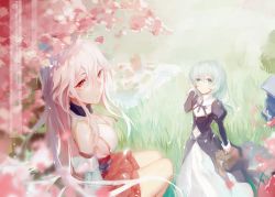 Rule 34 | 2girls, alternate eye color, back, bare shoulders, basket, blue eyes, blurry, blurry foreground, breasts, cherry blossoms, closed mouth, from above, grass, hair between eyes, hand on own cheek, hand on own face, highres, holding, honkai (series), honkai impact 3rd, long hair, long sleeves, looking at viewer, looking back, multiple girls, nun, outdoors, petals, pink eyes, pink hair, pink skirt, ponytail, seiza, sideboob, sitting, skirt, standing, theresa apocalypse, theresa apocalypse (valkyrie pledge), tree, white hair, wyc zz, yae sakura, yae sakura (gyakushinn miko)