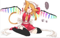 Rule 34 | 1girl, adapted costume, alternate costume, animal ears, arms up, black thighhighs, blonde hair, bow, cat ears, cat tail, crystal, flandre scarlet, full body, hat, hat ribbon, high heels, jewelry, kemonomimi mode, looking at viewer, mob cap, nail polish, open mouth, panzer (p.z), paw print, ponytail, puffy sleeves, red eyes, ribbon, sash, shirt, short hair, short sleeves, side ponytail, simple background, sitting, skirt, solo, tail, text focus, thighhighs, touhou, whiskers, white background, wings, zettai ryouiki