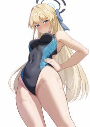 Rule 34 | 1girl, absurdres, aqua one-piece swimsuit, black one-piece swimsuit, blonde hair, blue archive, blue bow, blue eyes, bow, breasts, competition swimsuit, covered navel, from below, hair bow, halo, highleg, highleg swimsuit, highres, long hair, looking at viewer, medium breasts, one-piece swimsuit, simple background, solo, standing, swimsuit, toki (blue archive), two-tone one-piece swimsuit, very long hair, white background, whitek