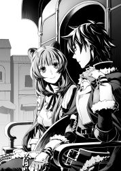 Rule 34 | 1boy, 1girl, animal ears, chain, closed mouth, eye contact, fingerless gloves, filo (tate no yuusha no nariagari), fur-trimmed gloves, fur trim, gloves, greyscale, highres, long hair, looking at another, minami seira, monochrome, novel illustration, official art, outdoors, raccoon ears, raccoon girl, raphtalia, sitting, smile, tate no yuusha no nariagari, very long hair