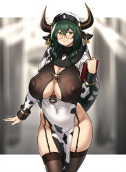 Rule 34 | 1girl, animal ears, animal print, black thighhighs, blush, book, breasts, cleavage, covered erect nipples, covered navel, cow ears, cow girl, cow horns, cow print, garter straps, glasses, green hair, highres, holding, holding book, horns, houtengeki, huge breasts, huge nipples, large areolae, original, pelvic curtain, sidelocks, sleeve cuffs, smile, solo, tag, thighhighs, thighs, veil, yellow eyes