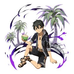 Rule 34 | 1boy, arm support, belt, belt buckle, black eyes, black hair, black jacket, black shorts, brown belt, buckle, closed mouth, collarbone, drinking straw, full body, hair between eyes, highres, holding, hood, hood down, hooded jacket, jacket, jewelry, kirito, kirito (sao-alo), looking at viewer, male focus, necklace, official art, open clothes, open jacket, palm tree, pointy ears, shorts, sitting, smile, solo, sword art online, transparent background, tree