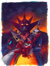 axe claws getter-1 getter-2 getter-3 getter_robo green_eyes horns mecha robot shin_getter-1 shin_getter-2 shin_getter-3 shin_getter_robo spikes