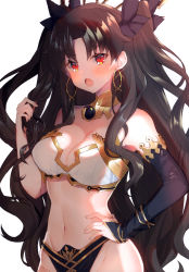 Rule 34 | 1girl, absurdres, asymmetrical sleeves, bikini, black ribbon, breasts, brown hair, cleavage, crown, detached collar, detached sleeves, earrings, fate/grand order, fate (series), hair ribbon, head tilt, highres, ishtar (fate), jewelry, light smile, long hair, looking at viewer, medium breasts, navel, parted bangs, pointing, pointing at viewer, red eyes, ribbon, simple background, single detached sleeve, single sleeve, solo, strapless, strapless bikini, suzuho hotaru, swimsuit, third-party source, two side up, uneven sleeves, white background