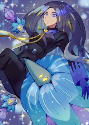 Rule 34 | 1girl, absurdres, black hair, black jacket, black pants, blue eyes, blue gloves, buttons, closed mouth, commentary request, creatures (company), evolutionary line, game freak, geeta (pokemon), glimmet, glimmora, gloves, grey background, highres, jacket, katatsumuri 72, long hair, long sleeves, looking at viewer, neck ribbon, nintendo, pants, pokemon, pokemon (creature), pokemon sv, ribbon, shirt, sparkle, yellow ribbon