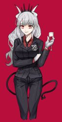 Rule 34 | 1girl, alcohol, black jacket, black necktie, black pants, breasts, cizzi, collared shirt, commentary, cropped legs, cup, cupping glass, curled horns, demon girl, demon horns, demon tail, drinking glass, english commentary, formal, gloves, grey hair, helltaker, highres, holding, holding cup, horns, jacket, long hair, long sleeves, looking at viewer, lucifer (helltaker), medium breasts, mole, mole under eye, necktie, pant suit, pants, parted lips, red background, red eyes, red shirt, shirt, simple background, solo, suit, tail, tiara, very long hair, white gloves, wine, wine glass