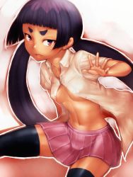Rule 34 | 1girl, ao no exorcist, black hair, black thighhighs, breasts, brown eyes, eyebrows, fumio (rsqkr), hikimayu, kamiki izumo, long hair, navel, short eyebrows, skirt, skirt drape, small breasts, solo, thighhighs, toned, twintails, underboob, very long hair