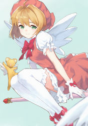 Rule 34 | 1girl, absurdres, ahoge, arms at sides, blue background, bob cut, bow, breasts, cardcaptor sakura, closed mouth, commentary, dress, dress bow, eringi25, footwear bow, frilled gloves, frilled sleeves, frilled thighhighs, frills, gloves, green eyes, hair between eyes, highres, kero (cardcaptor sakura), kinomoto sakura, layered dress, light brown hair, looking at viewer, medium hair, multicolored clothes, multicolored dress, pink dress, pink headwear, puffy dress, puffy short sleeves, puffy sleeves, red bow, red footwear, short dress, short sleeves, simple background, small breasts, smile, solo, split mouth, straight hair, thighhighs, wand, white bow, white dress, white gloves, white thighhighs, white wings, wings, zettai ryouiki