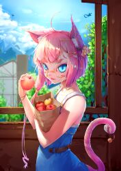Rule 34 | 1girl, :3, animal ears, apple, bag, bell, blue dress, blue eyes, building, cat ears, cat girl, cat tail, commentary, dress, drill hair, english commentary, engrish commentary, fangs, fence, flat chest, flower, food, fruit, hair flower, hair ornament, hairclip, highres, holding, holding food, holding fruit, jingle bell, kearful, looking at viewer, mountainous horizon, multiple bracelets, original, pillar, pink hair, short hair, short hair with long locks, side drill, sky, slit pupils, tail, tail ornament, thick eyebrows, tree