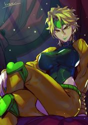 Rule 34 | 1girl, bad id, bad twitter id, blonde hair, breasts, bright pupils, closed mouth, commentary request, covered navel, curtains, dio brando, earrings, covered erect nipples, fingernails, genderswap, genderswap (mtf), green lips, green nails, green shirt, headband, heart, highres, jacket, jewelry, jojo no kimyou na bouken, kotatsu (g-rough), large breasts, crossed legs, light particles, light rays, lipstick, long fingernails, looking at viewer, makeup, nail polish, pants, shirt, short hair, signature, slit pupils, smile, solo, stardust crusaders, yellow eyes, yellow jacket, yellow pants