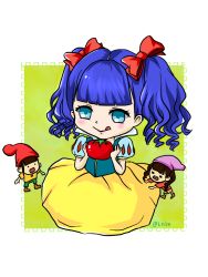 Rule 34 | apple, babymetal, blue eyes, blue hair, bow, character request, cosplay, dress, food, fruit, hair tie, long hair, lsize, sitting, snow white (cosplay), tagme, twintails
