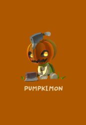 Rule 34 | axe, digimon, digimon (creature), pumpkin, pumpmon, simple background, solo, yellow eyes