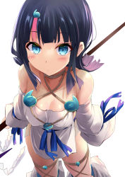 Rule 34 | 1girl, absurdres, bare shoulders, black hair, blue eyes, blue ribbon, blush, breasts, collarbone, detached leggings, dress, fate/grand order, fate/requiem, fate (series), fundoshi, highres, japanese clothes, jewelry, large breasts, leggings, long sleeves, looking at viewer, magatama, magatama hair ornament, magatama necklace, medium hair, multicolored hair, necklace, pelvic curtain, pink hair, polearm, puffy long sleeves, puffy sleeves, ribbon, sen (astronomy), short dress, sideboob, sideless outfit, sidelocks, solo, spear, streaked hair, thigh strap, thighs, utsumi erice, weapon, white background, white dress, white leggings