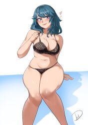 Rule 34 | 1girl, absurdres, bare arms, bare legs, bare shoulders, black bra, black panties, blue eyes, blue hair, bra, breasts, byleth (female) (fire emblem), byleth (fire emblem), cleavage, commentary, deliciousbrain, feet out of frame, fire emblem, fire emblem: three houses, highres, large breasts, long hair, looking at viewer, navel, nintendo, panties, pink lips, sitting, solo, stomach, thighs, underwear, white background