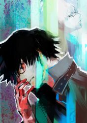Rule 34 | 2boys, absurdres, arima kishou, black hair, black reaper, black sclera, brown gloves, closed mouth, colored sclera, glasses, gloves, glowing, glowing eye, green background, hand up, highres, kaneki ken, kyuuba melo, male focus, multiple boys, red eyes, red gloves, short hair, solo focus, tokyo ghoul, tokyo ghoul:re, upper body, white background