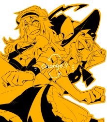 Rule 34 | 2girls, alice margatroid, arrow (symbol), back-to-back, bad id, bad pixiv id, blouse, blush, bow, capelet, cosplay, costume switch, cowboy shot, english text, grin, hairband, hand on headwear, hat, hosomitimiti, kirisame marisa, long hair, monochrome, multiple girls, necktie, outline, sash, shirt, short hair, skirt, smile, sweatdrop, touhou, vest, white background, witch hat, wrist cuffs