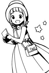 Rule 34 | 1girl, :d, bag, bow, commentary request, dot nose, dress, feet out of frame, greyscale, handheld game console, hat, high contrast, highres, holding, holding handheld game console, katsuwo (cr66g), kise saki, looking at viewer, medium hair, mitsuboshi colors, monochrome, open mouth, shoulder bag, simple background, smile, solo, standing, star (symbol), white background