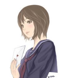 Rule 34 | 1girl, blush, briska, brown eyes, brown hair, eyelashes, fingernails, hand up, holding, letter, long sleeves, looking at viewer, love letter, parted lips, sailor collar, school uniform, short hair, simple background, solo, uniform, upper body, white background
