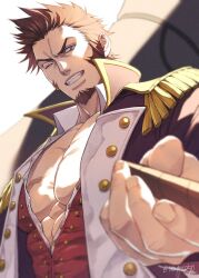 Rule 34 | 1boy, bara, blue eyes, brown hair, cannon, cigar, epaulettes, facial hair, fate/grand order, fate (series), fringe trim, goatee, grin, huge weapon, jacket, large pectorals, leather, leather jacket, long sideburns, long sleeves, male focus, military, military uniform, muscular, muscular male, napoleon bonaparte (fate), one eye closed, open clothes, open jacket, open shirt, partially unbuttoned, pectorals, renga2250, scar, scar on chest, short hair, sideburns, smile, solo, spiked hair, sunlight, uniform, upper body, weapon