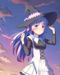 Rule 34 | 1girl, absurdres, black hat, black shirt, blue eyes, blue hair, blush, chtholly nota seniorious, cloud, crying, crying with eyes open, evening, hat, highres, looking at viewer, miniskirt, multicolored hair, outdoors, pleated skirt, red hair, shirt, shuumatsu nani shitemasu ka?, skirt, solo, standing, star (symbol), tears, two-tone hair, white skirt, witch hat