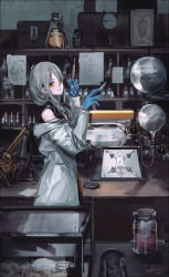 Rule 34 | 1girl, arknights, blue gloves, bound, bound arms, bound legs, character request, coat, gloves, green hair, hair between eyes, highres, holding, infukun, lab coat, long hair, looking at viewer, mouse (animal), red eyes, scientist, scissors, smile, solo, standing, syringe