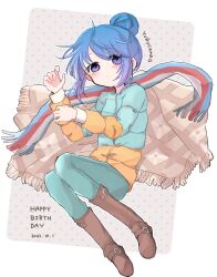 Rule 34 | 1girl, blue hair, boots, brown footwear, dated, green pants, hair bun, happy birthday, highres, jacket, lying, multicolored clothes, multicolored jacket, multicolored scarf, nan, on back, pants, poncho, purple eyes, scarf, shima rin, simple background, solo, yurucamp