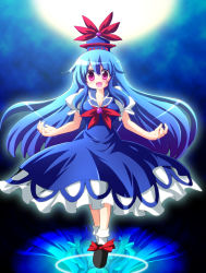Rule 34 | 1girl, blue hair, breasts, cleavage, female focus, floating, geo (yukishitadou), hat, kamishirasawa keine, moon, outstretched arms, purple eyes, reflection, solo, spread arms, touhou