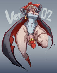 Rule 34 | 1futa, action, arms up, blonde hair, boots, breasts, butcha-u, cape, cleavage, dc comics, erection, eyepatch, futanari, gloves, jumping, penis, power girl, solo, superhero costume, tattoo, testicles, thighs
