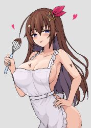 1girl apron blue_eyes blush breasts brown_hair chocolate covered_erect_nipples diamond_hair_ornament frilled_apron frills grey_background hair_between_eyes hair_ornament hand_on_own_hip heart holding holding_whisk hololive large_breasts long_hair naked_apron pixel_art solo star_(symbol) star_hair_ornament tokino_sora virtual_youtuber whisk white_apron zou_eita