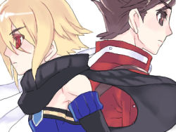 Rule 34 | 00s, 2boys, artist request, bare shoulders, blonde hair, brown eyes, brown hair, emil castagnier, lloyd irving, lowres, male focus, multiple boys, profile, red eyes, ribbon, scarf, short hair, simple background, tales of (series), tales of symphonia, tales of symphonia: dawn of the new world