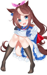 Rule 34 | 1girl, :3, absurdres, animal ears, black socks, blue eyes, bow, brown hair, cape, commentary request, crossed arms, ear ornament, feet, fine fabric emphasis, hair between eyes, highres, horse ears, horse girl, horse tail, jacket, knees together feet apart, knees up, legs, long hair, looking at viewer, multicolored hair, no shoes, open mouth, pink bow, pleated skirt, ponytail, red cape, simple background, sitting, skirt, smile, socks, solo, streaked hair, tail, toenails, toes, tokai teio (umamusume), tsuyusora, umamusume, white background, white hair, white jacket