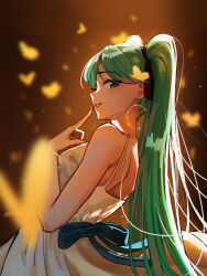 Rule 34 | 1girl, absurdres, aqua eyes, aqua hair, armlet, blue bow, blush, bow, brown headwear, bug, butterfly, dress, earrings, gold earrings, hatsune miku, highres, hoop earrings, insect, jewelry, long eyelashes, looking at viewer, raised eyebrows, sleeveless, sleeveless dress, teacup1121, twintails, vocaloid, white dress, yellow butterfly