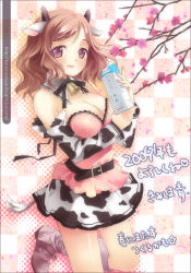Rule 34 | 00s, 1girl, 2009, animal ears, animal print, bad id, bad pixiv id, bare shoulders, bell, belt, boots, breasts, brown hair, cherry blossoms, cleavage, cow ears, cow girl, cow print, detached sleeves, elbow gloves, fingernails, gloves, highres, horns, kimishima ao, knee boots, large breasts, licking lips, long fingernails, milk, mole, mole under eye, new year, original, pink eyes, ribbon, shiny skin, short hair, skindentation, skirt, solo, tongue, tongue out