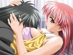 Rule 34 | 1boy, 1girl, aoi kyouka, bed, black hair, bra, breast smother, breasts, covered erect nipples, face to breasts, faceless, faceless male, game cg, hand on another&#039;s head, happy sex, hetero, kagemichi, large breasts, lingerie, long hair, lying, meshimase idol, on back, open clothes, open shirt, red hair, shirt, sideboob, sleeveless, smile, smother, underwear