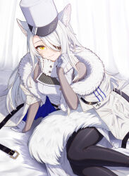 Rule 34 | 1girl, animal ear fluff, animal ears, arknights, arm support, belt, black belt, black pantyhose, breasts, cat ears, cat girl, cat tail, clenched hand, coat, commentary, dress, feet out of frame, fur-trimmed coat, fur trim, gloves, hair over one eye, half gloves, hand up, hat, long hair, looking at viewer, material growth, medium breasts, oripathy lesion (arknights), pantyhose, santalla (arknights), shironekoban, simple background, smile, solo, tail, white background, white coat, white dress, white gloves, white hair, white hat, yellow eyes