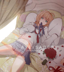 Rule 34 | 1girl, ahoge, alternate costume, artoria pendragon (all), artoria pendragon (fate), bad id, bad pixiv id, bed, blanket, blonde hair, blue ribbon, bouquet, box, candy, character name, copyright name, curtains, empty eyes, fate/stay night, fate (series), floral print, flower, food, gift, gift box, grey skirt, hair down, highres, looking at viewer, loose clothes, lying, midriff, miniskirt, mizu (dl7613), mouth hold, on back, petals, pillow, pleated skirt, polka dot, red flower, red ribbon, red rose, ribbon, ribbon in mouth, rose, saber (fate), school uniform, serafuku, shirt, sketch, skirt, sleeves past wrists, solo, spread legs, white ribbon, white shirt