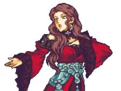 Rule 34 | 1girl, bare shoulders, breasts, brown hair, commentary, curly hair, dorothea arnault, dress, earrings, english commentary, fire emblem, fire emblem: three houses, frilled dress, frills, glaceo, green eyes, hand on own hip, jewelry, long hair, looking ahead, nintendo, open mouth, parody, pixel art, red dress, solo, style parody