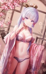 Rule 34 | 1girl, ayaka (genshin impact), bare shoulders, bra, breasts, cherry blossoms, choker, cowboy shot, genshin impact, grey bra, grey panties, hair ornament, highres, japanese clothes, lingerie, long hair, looking at viewer, medium breasts, navel, off shoulder, open clothes, panties, ponytail, purple eyes, rimuu, silver hair, smile, solo, standing, stomach, underwear, wide sleeves