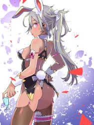 Rule 34 | 1girl, :/, animal ears, arm ribbon, arm up, ass, black thighhighs, blush, breasts, bridal garter, choker, closed mouth, cowboy shot, dark-skinned female, dark skin, from side, garter straps, glass, gloves, grey hair, hair between eyes, hand on own hip, headdress, holding, looking at viewer, looking back, medium breasts, nail polish, original, paper, pink ribbon, ponytail, profile, purple eyes, purple nails, rabbit ears, rabbit girl, rabbit tail, ribbon, smile, solo, standing, tail, tajima ryuushi, thighhighs, tongue, tongue out, wedgie, wrist cuffs