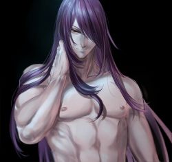 Rule 34 | 1boy, abs, arm behind head, black background, collarbone, green lips, hair over one eye, hand on neck, highres, hikarusorano, lipstick, long hair, makeup, male focus, muscular, nipples, pale skin, pectorals, purple hair, red eyes, sha wu sheng, topless male, simple background, solo, thunderbolt fantasy, upper body