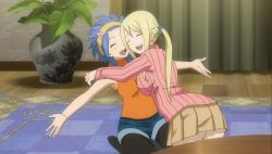 Rule 34 | 2girls, animated, animated gif, ass, bent over, blue hair, fairy tail, floor, from behind, hair ornament, levy mcgarden, lucy heartfilia, multiple girls, pantyhose, short hair, sitting, skirt, twintails