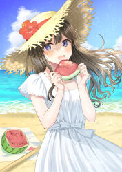 Rule 34 | 1girl, beach, blue eyes, blue sky, blush, breasts, brown hair, cleavage, cloud, cloudy sky, collarbone, cowboy shot, day, dress, eating, floating hair, flower, food, fruit, hands up, hat, hat flower, hibiscus, highres, holding, holding food, holding fruit, horizon, long hair, looking at viewer, nail polish, ocean, open mouth, original, outdoors, pechi (peeechika), raised eyebrows, red flower, red nails, shadow, shore, short sleeves, sidelocks, sky, small breasts, solo, straw hat, sundress, teeth, upper teeth only, watermelon, watermelon slice, white dress