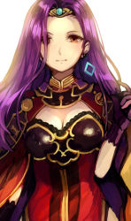 Rule 34 | 1girl, black gloves, breasts, brown eyes, brown hair, cape, cleavage, closed mouth, dress, earrings, fire emblem, fire emblem echoes: shadows of valentia, forehead, gloves, hair over one eye, hand up, jewelry, jurge, long hair, medium breasts, nintendo, parted bangs, purple gloves, purple hair, red cape, red dress, simple background, solo, sonya (fire emblem gaiden), tiara, upper body, very long hair, white background