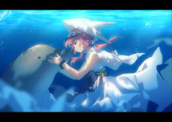 Rule 34 | 1girl, arknights, blush, bubble, chinese commentary, closed eyes, closed mouth, cowboy shot, dadijiji, dolphin, dress, from side, hat, highres, letterboxed, medium hair, pink hair, profile, purestream (arknights), sleeveless, sleeveless dress, smile, solo, twintails, underwater, visor cap, white dress, white hat, wristband