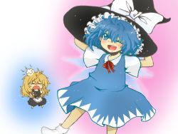 Rule 34 | 2girls, ;d, apron, artist request, blue dress, blue eyes, blue hair, blush, bobby socks, cirno, clothes theft, crying, drawfag, dress, female focus, hat, head bump, kirisame marisa, long hair, multiple girls, neck ribbon, one eye closed, open mouth, red ribbon, ribbon, smile, socks, theft, touhou, wink, witch hat